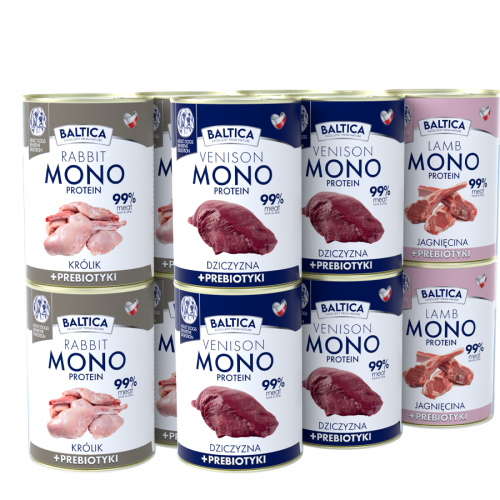 Zestaw 12 x 400g Karma mokra Mono królik + dziczyzna + jagnięcina