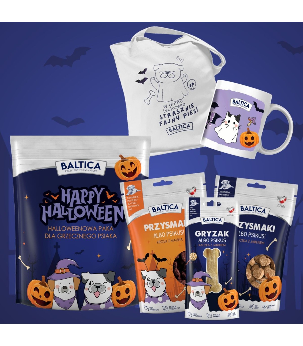 Halloweenowy zestaw grzecznego psiaka + kubek ceramiczny + strasznie fajna torba
