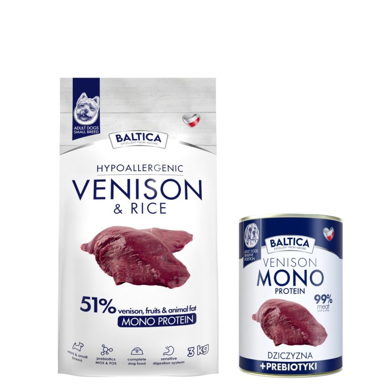 Dziczyzna z ryżem dla ras małych i miniaturowych karma 3kg - Baltica Nutraceutic + karma mokra dla psa 400g