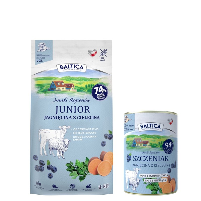 Jagnięcina z cielęciną dla szczeniąt ras dużych i olbrzymich karma 3kg - Baltica Smaki Regionów + karma mokra dla psa 400g