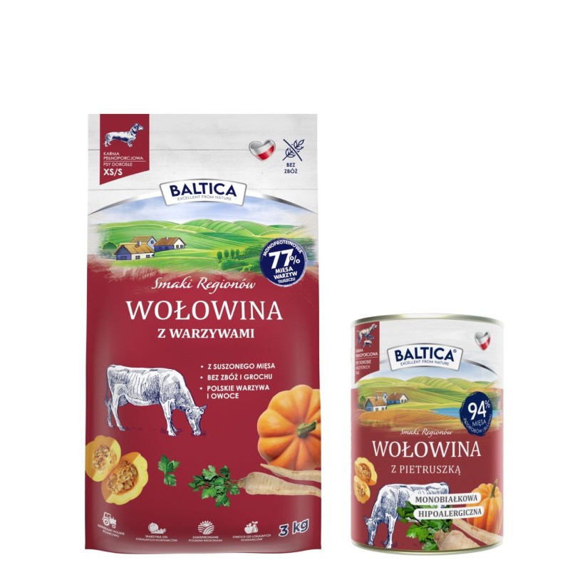 Wołowina z warzywami dla ras małych i miniaturowych karma 3kg - Baltica Smaki Regionów + karma mokra dla psa 400g
