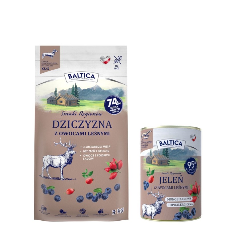 Dziczyzna z owocami leśnymi dla ras małych i miniaturowych karma 3kg - Baltica Smaki Regionów + karma mokra dla psa 400g