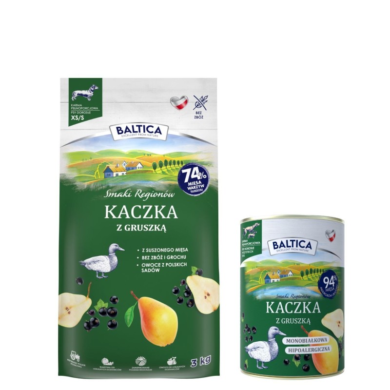 Kaczka z gruszką dla ras małych i miniaturowych karma 3kg - Baltica Smaki Regionów + karma mokra dla psa 400g