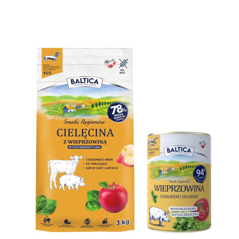 Cielęcina z wieprzowiną dla ras małych i miniaturowych karma 3kg - Baltica Smaki Regionów + karma mokra dla psa 400g