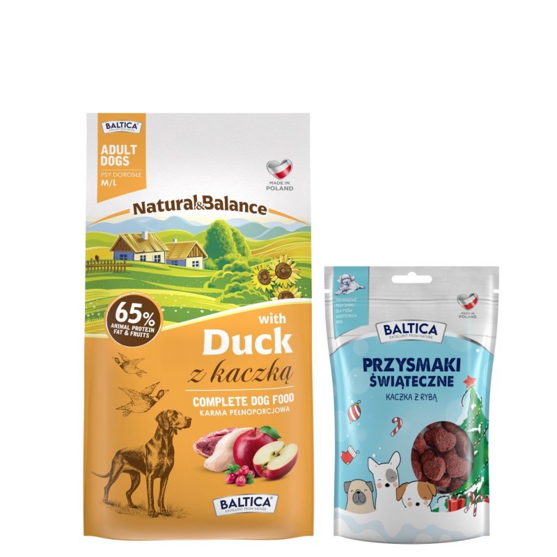 Kaczka dla ras średnich i dużych karma 3kg - Baltica Natural & Balance + Przysmaki świąteczne 100g