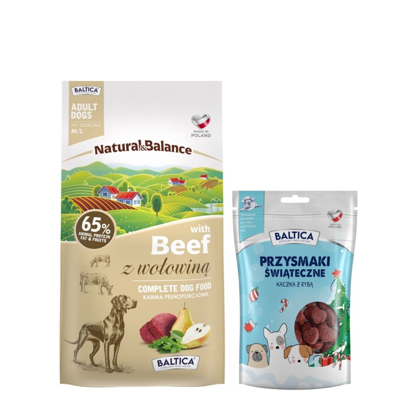 Wołowina dla ras średnich i dużych karma 3kg - Baltica Natural & Balance + Przysmaki świąteczne 100g