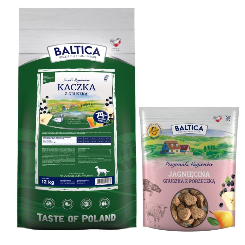Kaczka z gruszką dla ras olbrzymich karma 12kg - Baltica Smaki Regionów + Przysmaki 600g