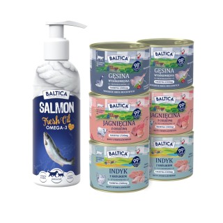 Zestaw 6x 185g karma dla kotów dorosłych MIX 3 + olej z łososia 200ml