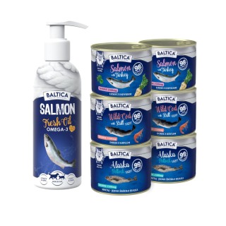 Zestaw 6x 185g karma dla kotów dorosłych MIX 2 + olej z łososia 200ml