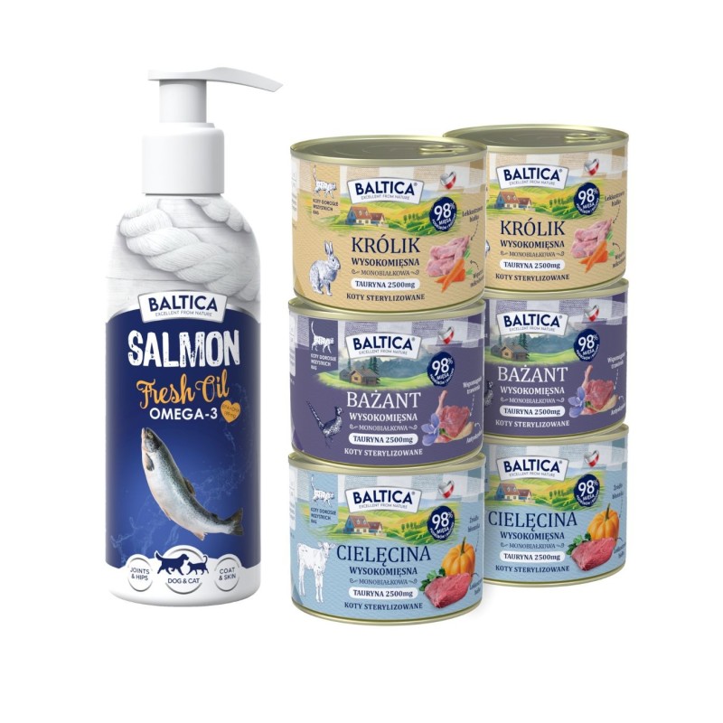 Zestaw 6x 185g karma dla kotów dorosłych MIX 1 + olej z łososia 200ml