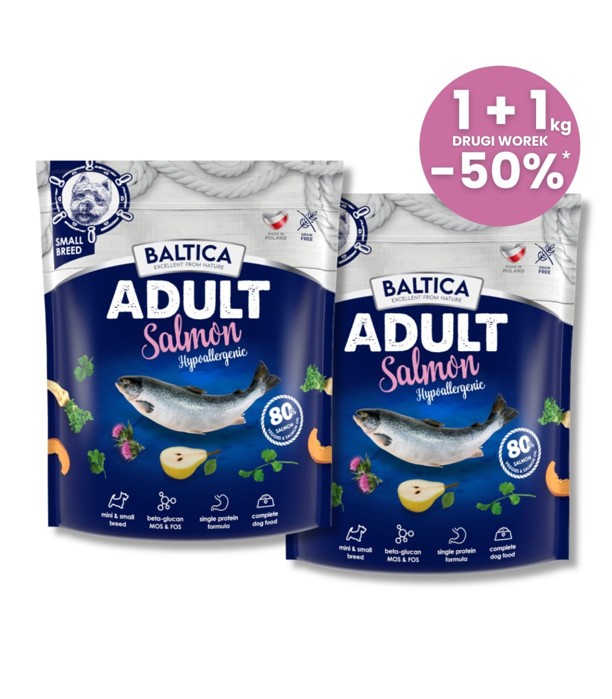 2x Łosoś (Hypoallergenic) dla ras małych i miniaturowych karma 1kg - Baltica Excellent - Rabat 50% na drugie opakowanie
