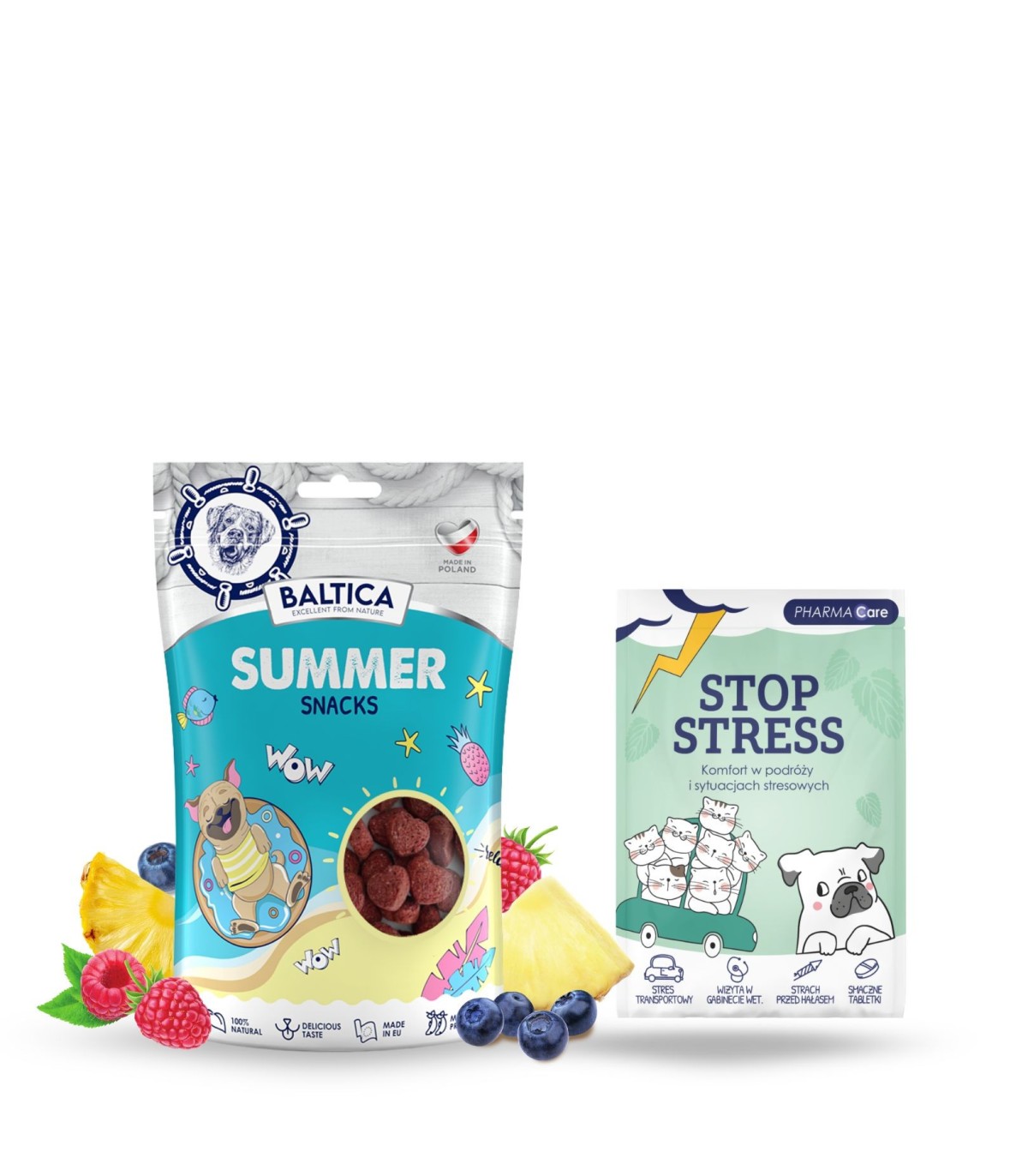Zestaw Spokojnych Wakacji - przysmaki HELLO SUMMER kaczka z rybą + tabletki Stop Stress