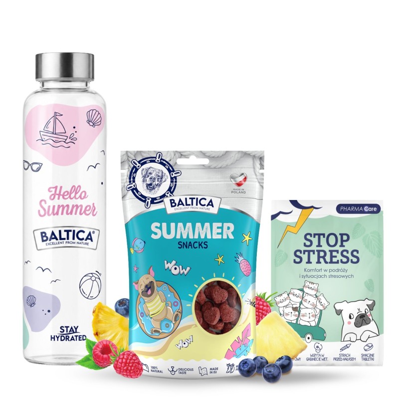 Zestaw Spokojnych Wakacji - przysmaki HELLO SUMMER kaczka z rybą + tabletki Stop Stress + Butelka