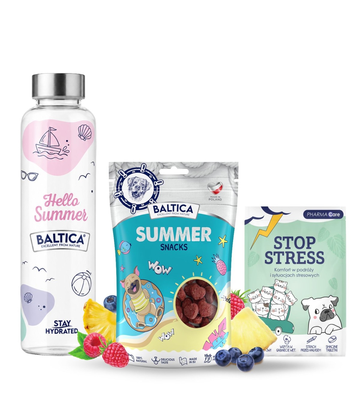 Zestaw Spokojnych Wakacji - przysmaki HELLO SUMMER kaczka z rybą + tabletki Stop Stress + Butelka