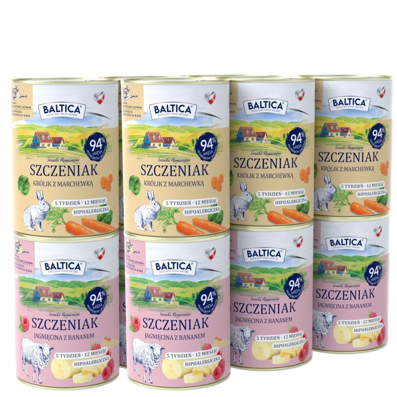Zestaw 12x400g karma mokra szczeniak królik z marchewką + jagnięcina z bananem