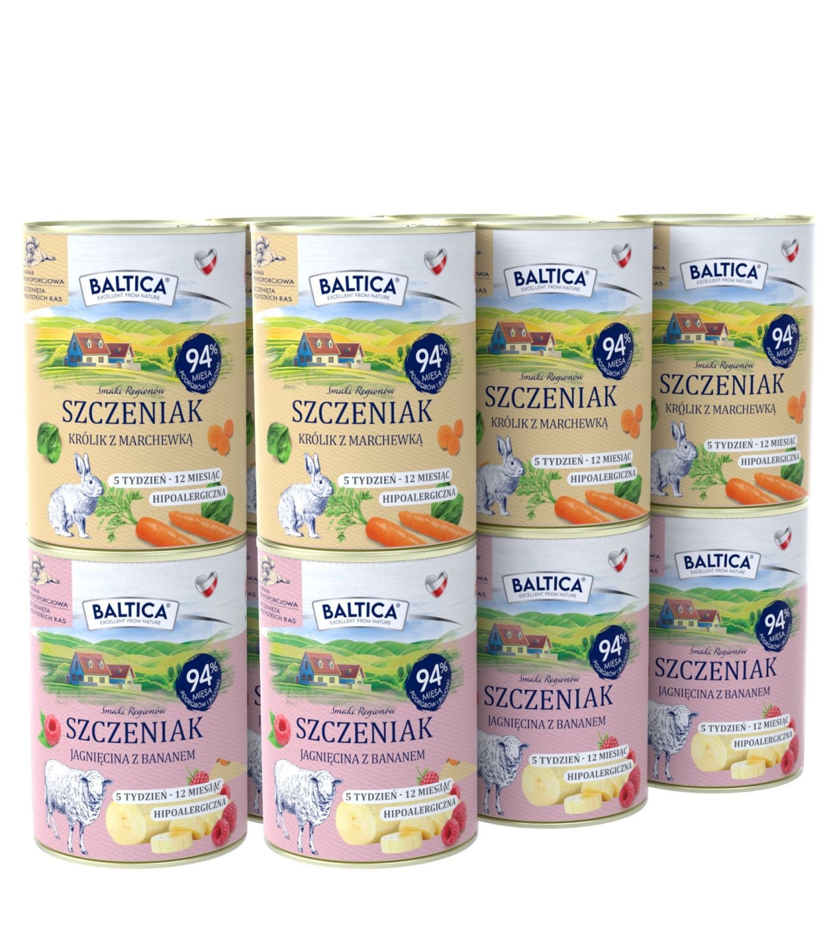 Zestaw 12x400g karma mokra szczeniak królik z marchewką + jagnięcina z bananem
