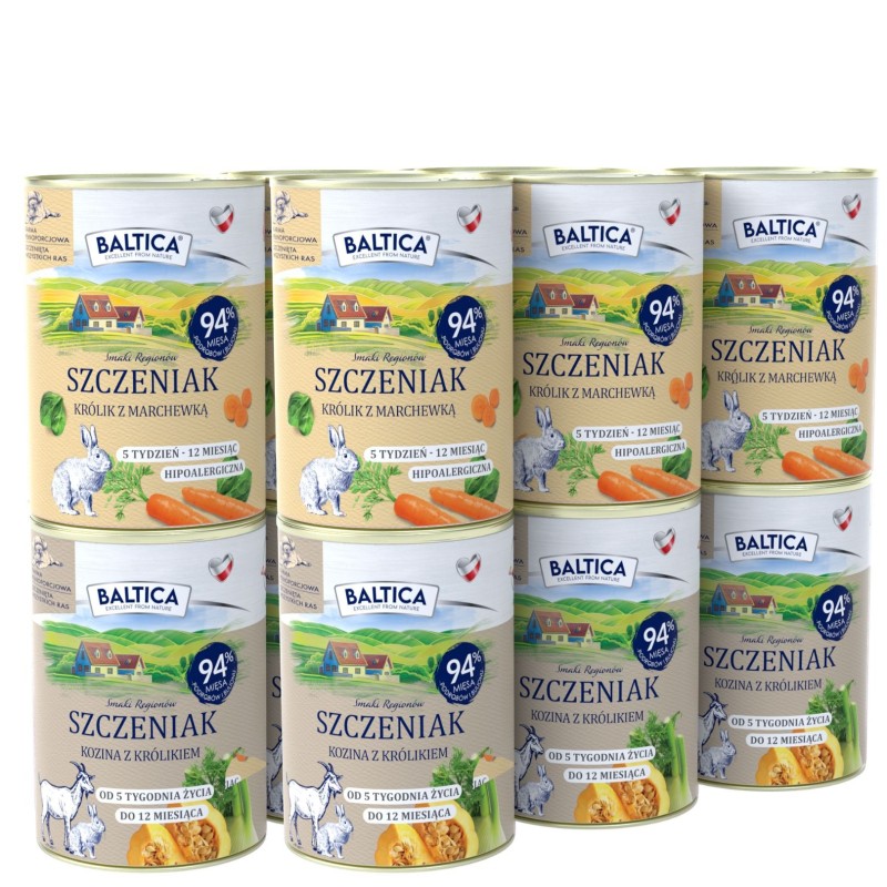 Zestaw 12x400g karma mokra szczeniak kozina z królikiem + królik z marchewką