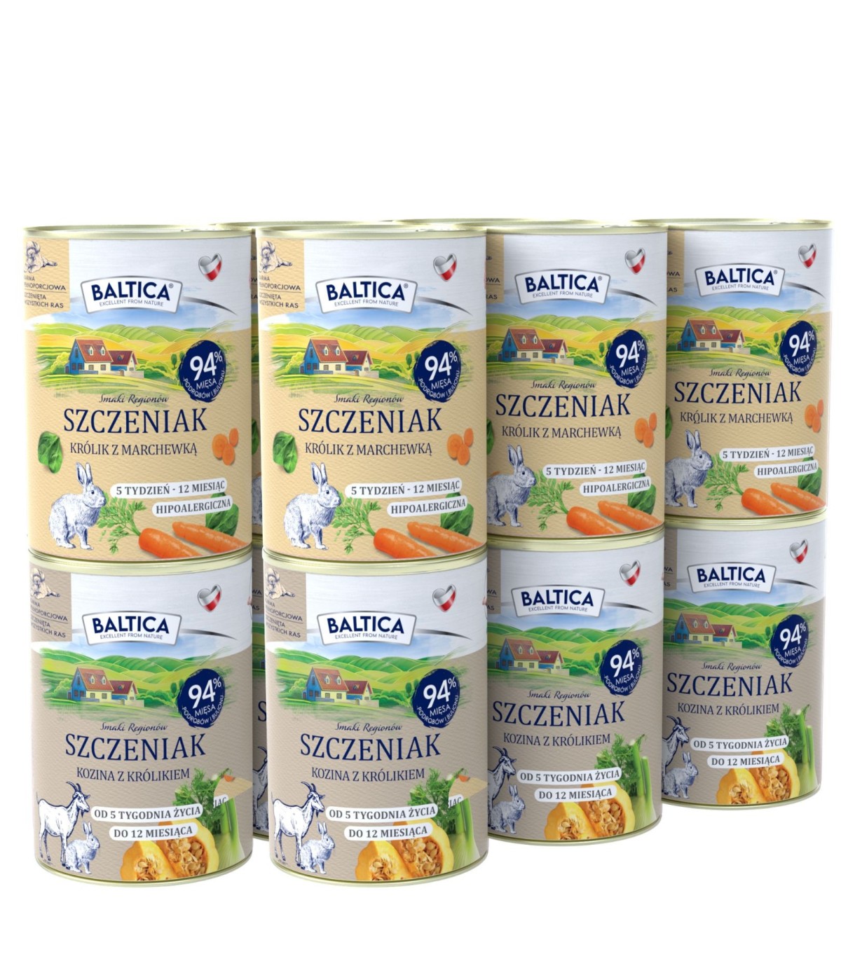 Zestaw 12x400g karma mokra szczeniak kozina z królikiem + królik z marchewką