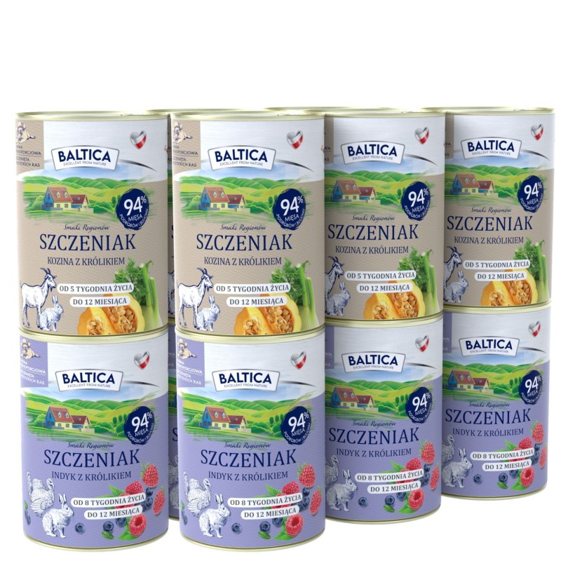 Zestaw 12x400g karma mokra szczeniak kozina z królikiem + indyk z królikiem