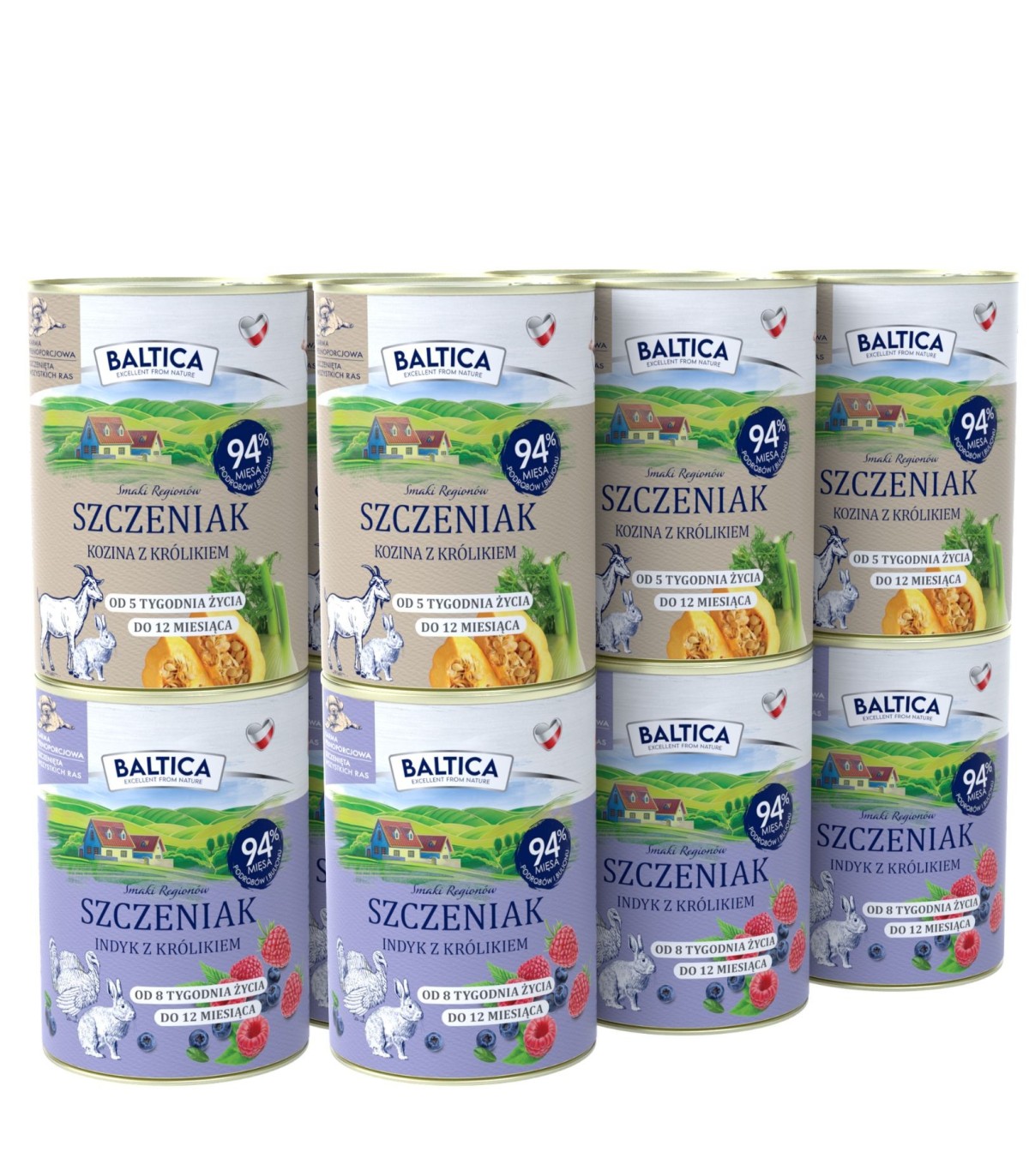 Zestaw 12x400g karma mokra szczeniak kozina z królikiem + indyk z królikiem