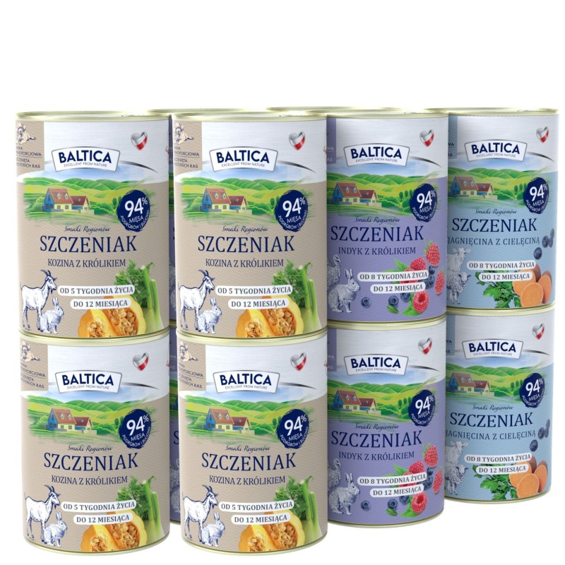 Zestaw 12x400g karma mokra szczeniak kozina z królikiem + indyk z królikiem + jagnięcina z cielęciną