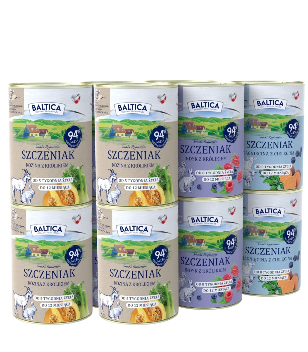 Zestaw 12x400g karma mokra szczeniak kozina z królikiem + indyk z królikiem + jagnięcina z cielęciną