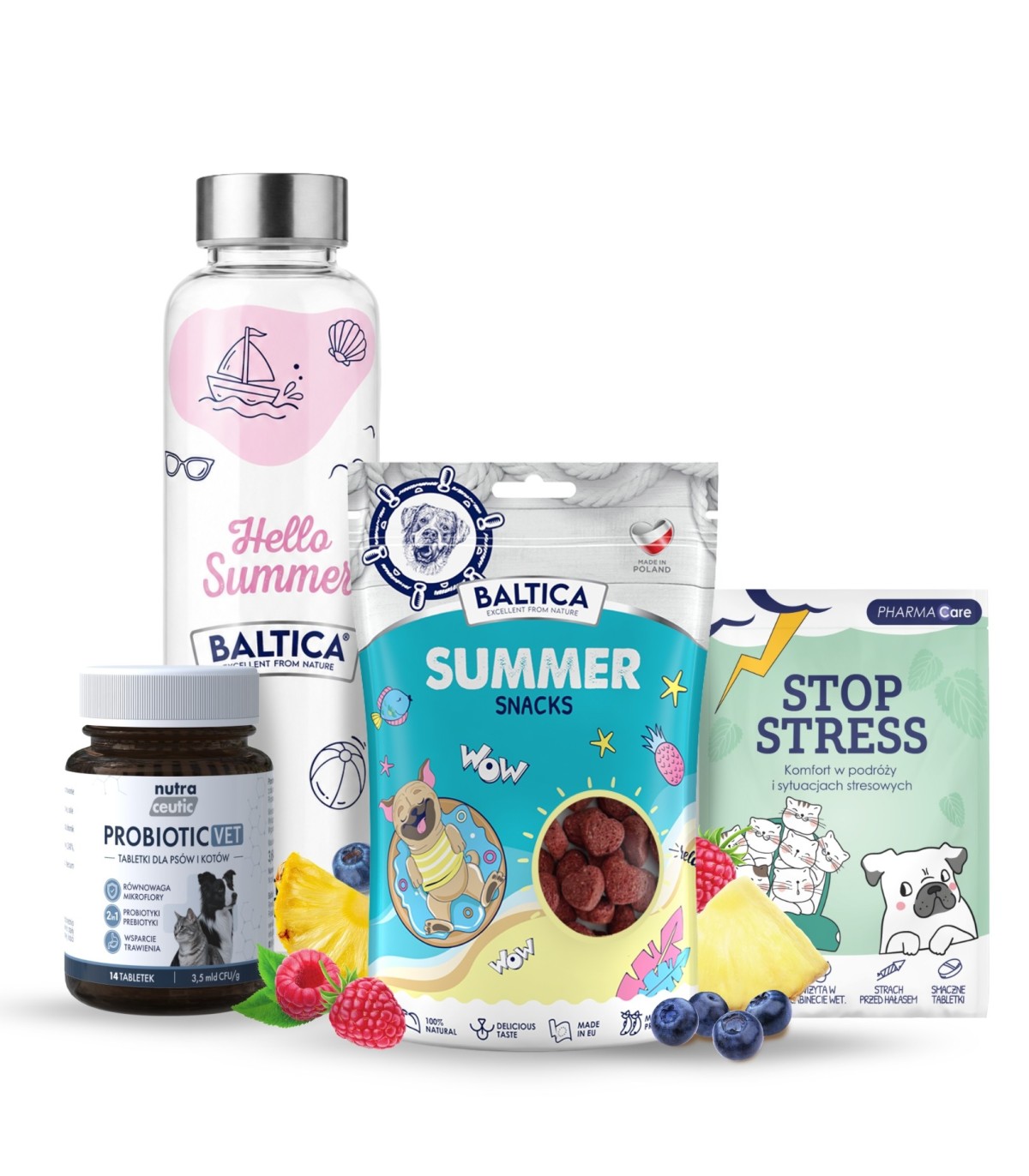 Zestaw Spokojnych Wakacji 2 - przysmaki HELLO SUMMER + butelka + tabletki Stop Stress + NOWOŚĆ probiotyki 14 tabl.