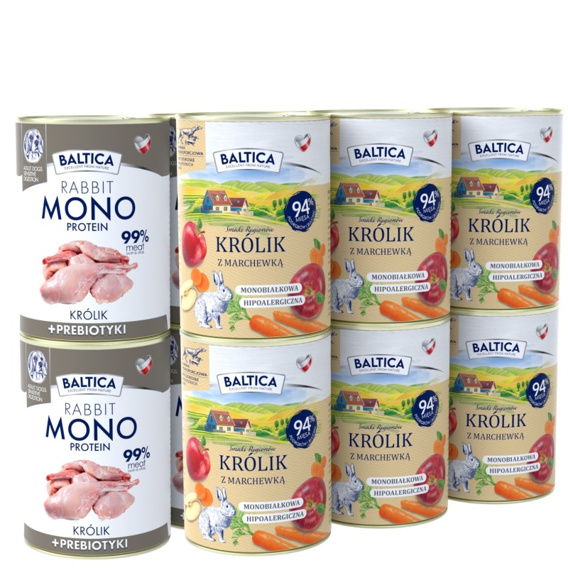Zestaw karm mokra dla psa 6x królik z marchewką 400g + 6x królik MONO z prebiotykami 400g