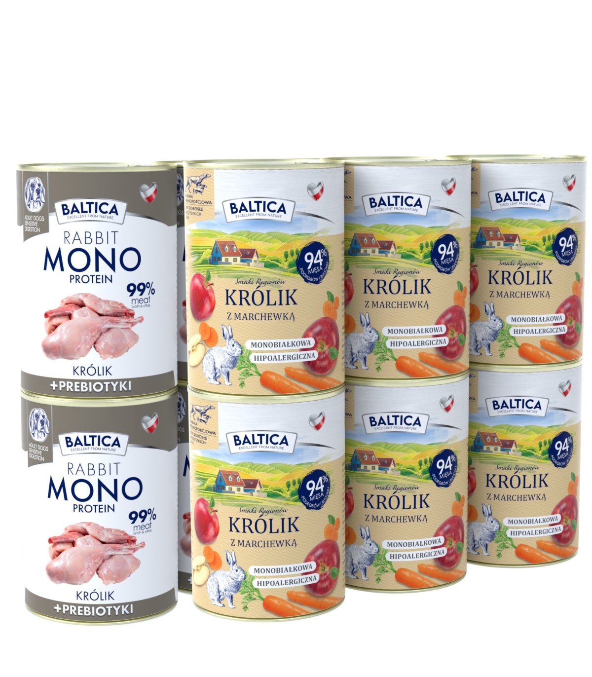 Zestaw karm mokra dla psa 6x królik z marchewką 400g + 6x królik MONO z prebiotykami 400g