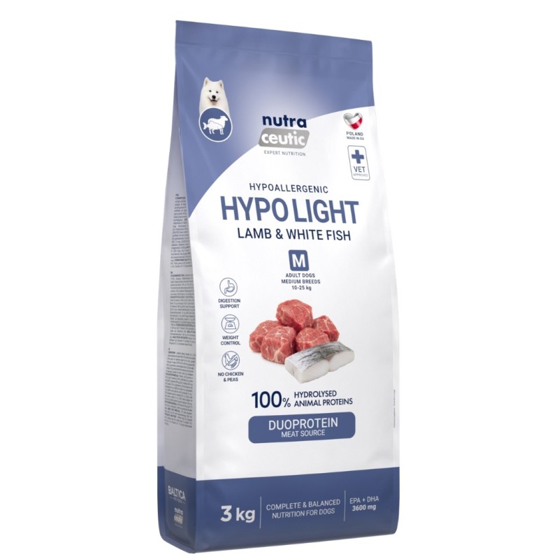 Jagnięcina z białą rybą i ryżem (Hypo Light) dla ras średnich karma hydrolizowana 3kg - Baltica Nutraceutic Hydrolysed